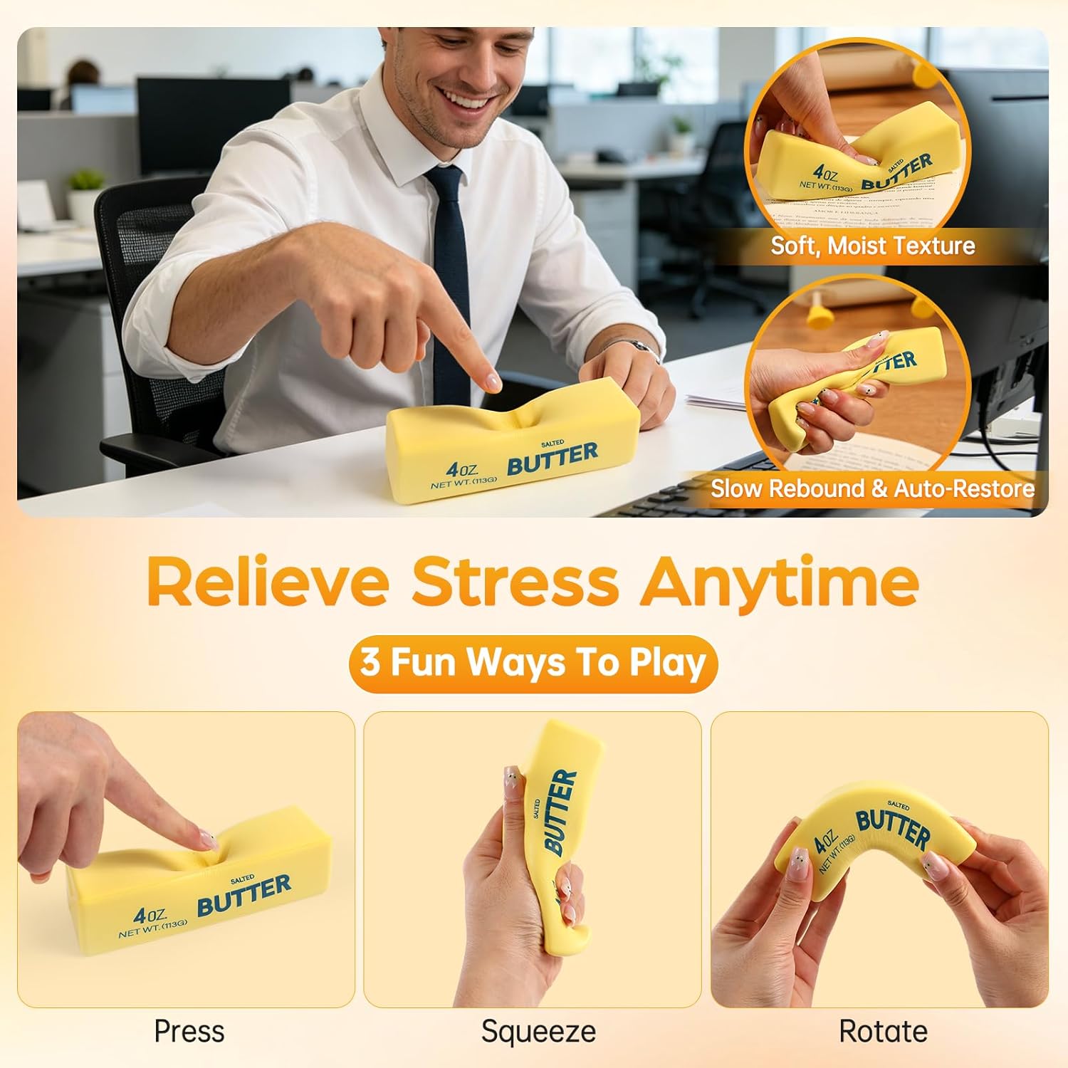 Butter Squishy Slow Rising Stress Relief Toy - New Realistic Butter Stick Squeeze, Soft PU Foam Fidget for Anxiety & Sensory Relief