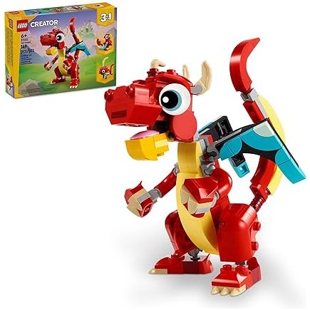 LEGO Creator 3 in 1 Red Dragon Toy 31145, Transforms from Dragon Toy to Fish Toy to Phoenix Toy, Gift Idea for Boys and Girls Ages 6 and Up, Animal Toy Set for Kids