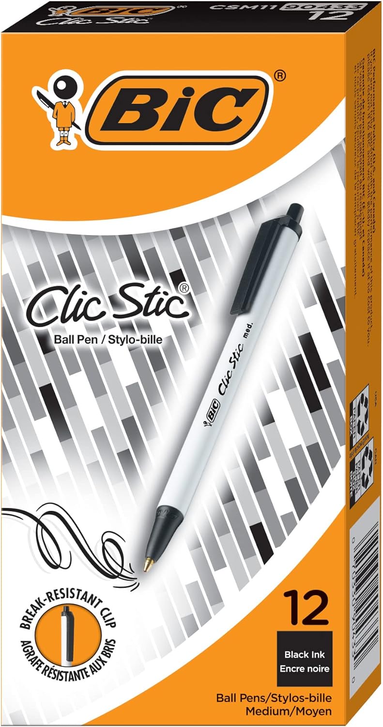 BIC Clic Stic Retractable Ballpoint Pens, Medium Point (1.0mm), 12-Count Pack, Black Round Barrel Design for Comfortable Writing