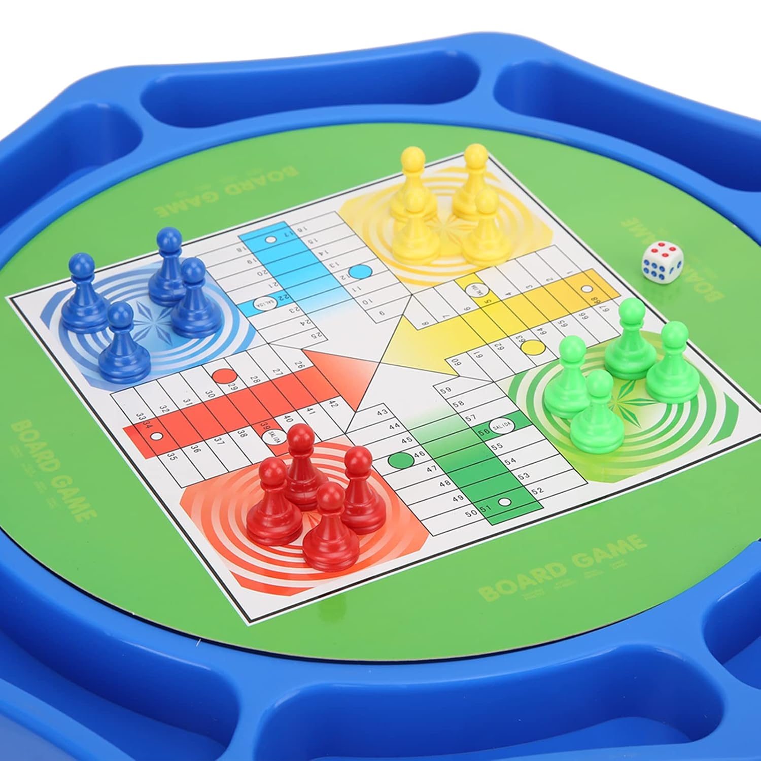 Board game with colorful pieces and dice on a green and blue tray