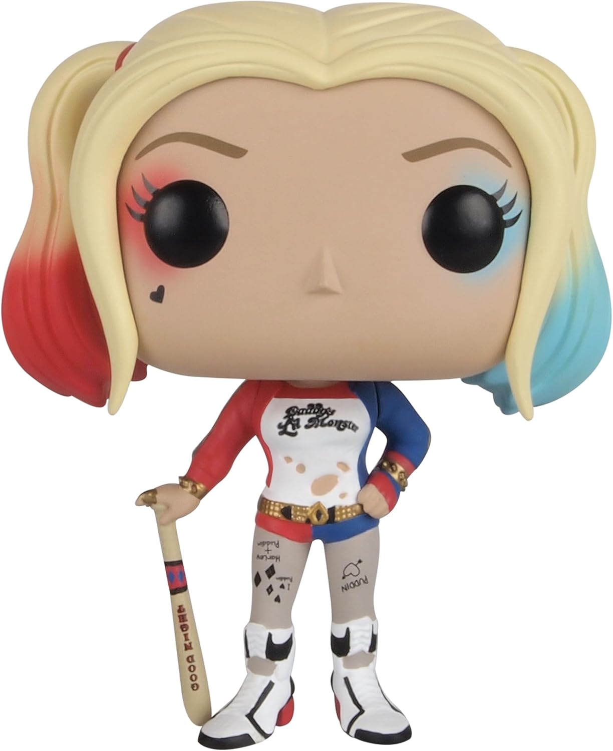 Pop vinyl figure of a character with a colorful outfit and bat 