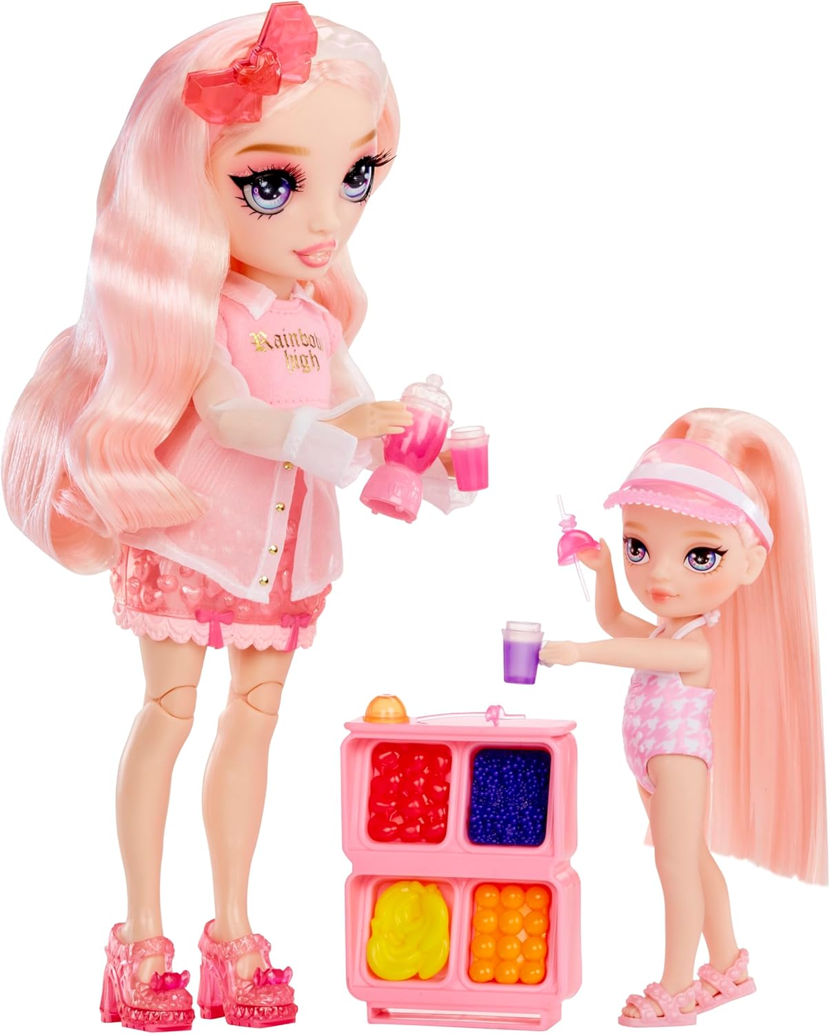 Rainbow High Littles Pool Day Playset + Small Doll (Pink 5.5”), Pool with Rainbow Slide, Accessories, Smoothie Stand, Kids Gift Ages 4+