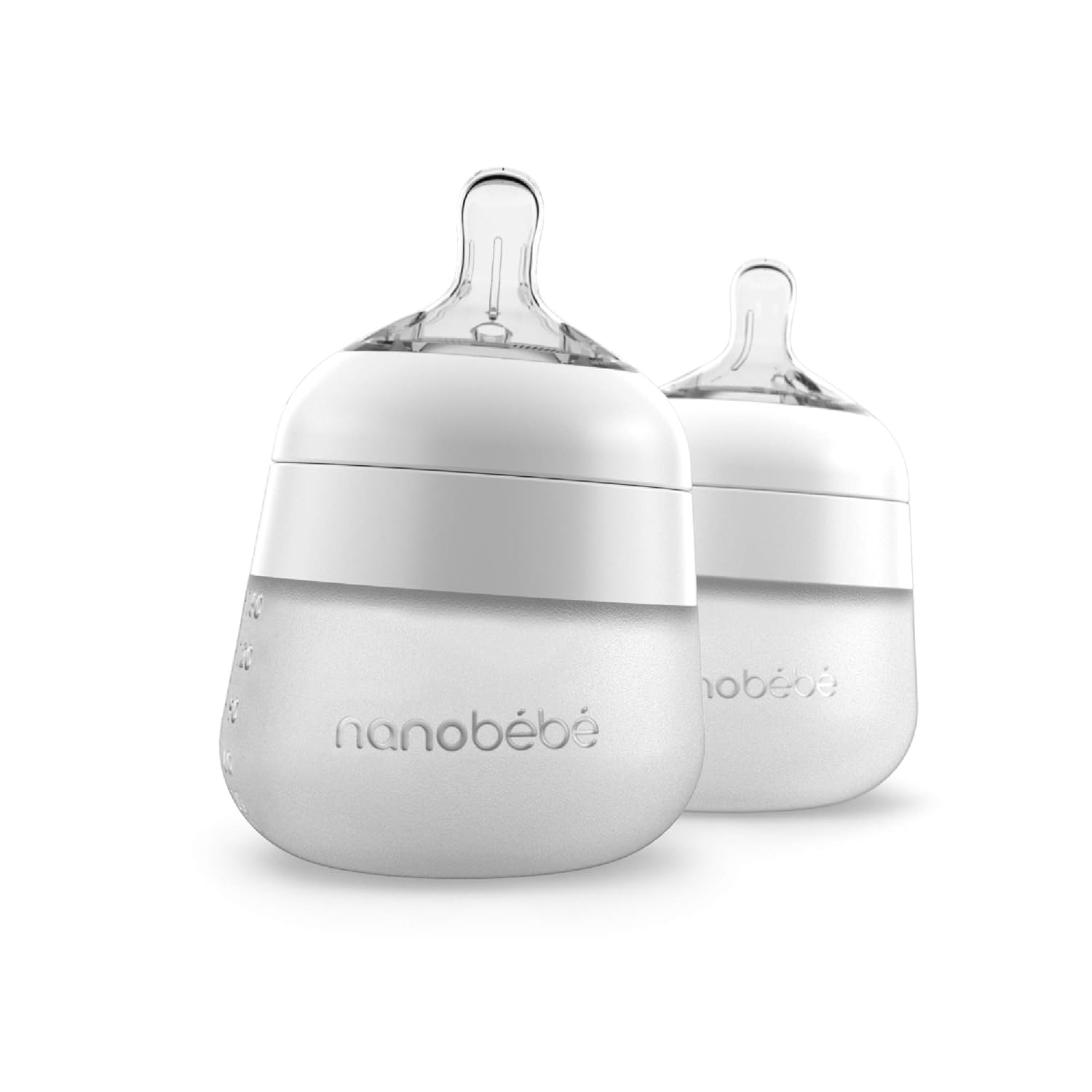 Nanobebe Flexy Silicone Baby Bottle 5 oz, Anti-Colic, Natural Feel, Non-Collapsing Nipple, Non-Tip Stable Base, Easy to Clean (2-Pack )-  White