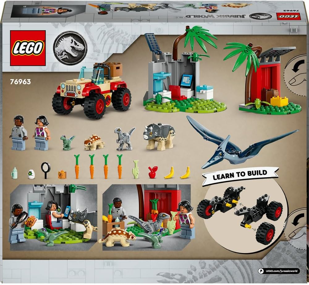 LEGO 76963 Jurassic World Baby Dinosaur Rescue Centre Set for Kids, Mini Triceratops, Ankylosaurus and Velociraptor Figure