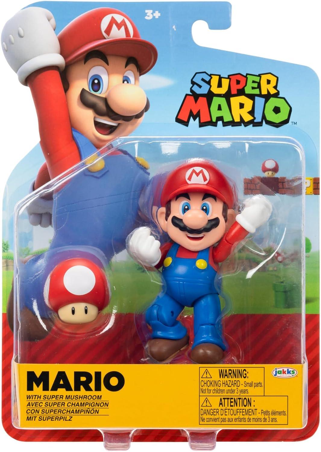 مجسم سوبر ماريو نينتندو مقاس 4 بوصات قابل لاتخاذ الوضعيات مع ملحق Power Up Mushroom. للأعمار من 3 سنوات فما فوق