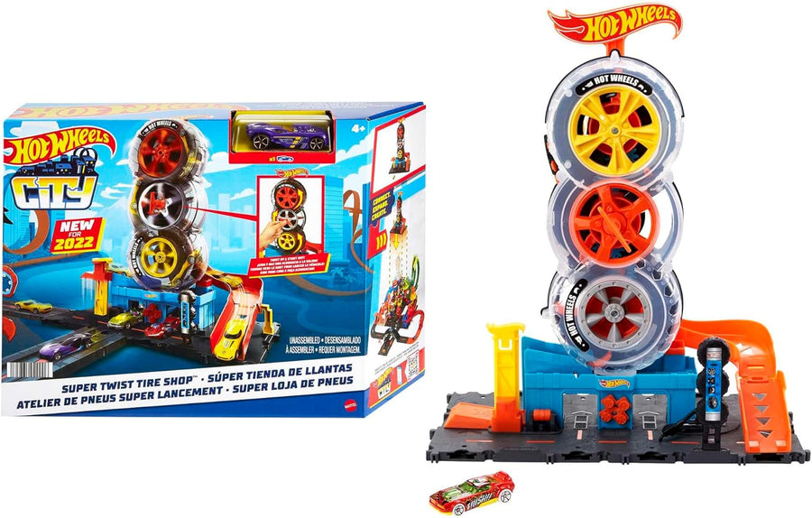 Hot Wheels Toy Car Track Set City Super Twist Tire Shop with 1:64 Scale Car, Single or Multi-Car Play