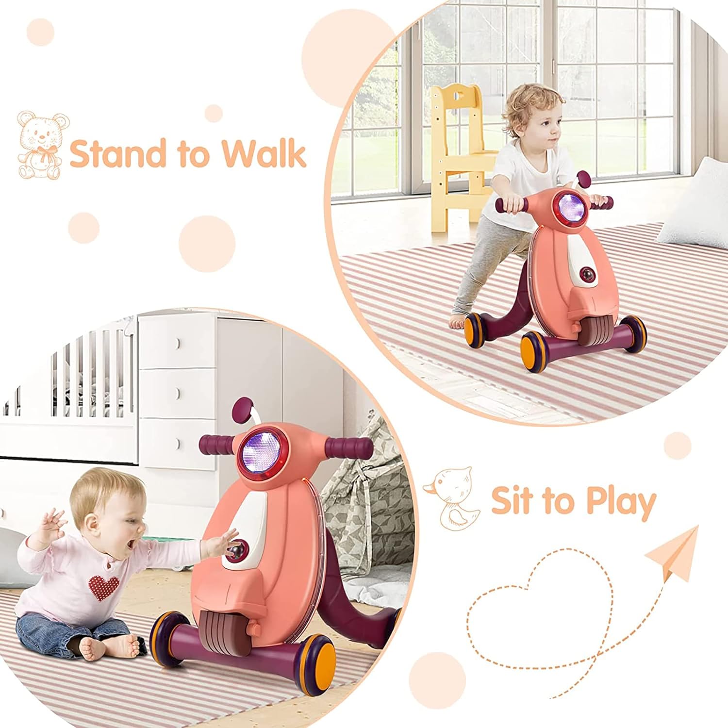 WISHKEY Plastic Multi Functional Baby Walker for Toddlers, 2-in-1 Baby Walkers with Fun Ball Game, Lights & Music, Walker for Kids for 1+ Years, Pink