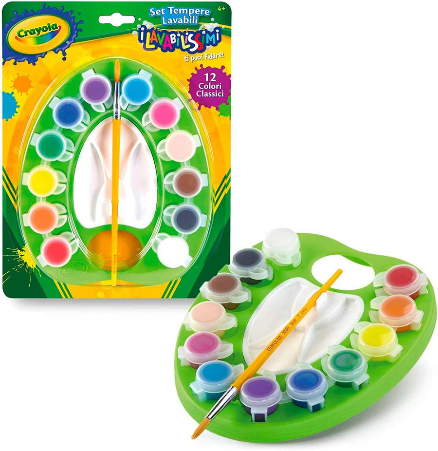 CRAYOLA Children's Washable Paint Set with Brush, Assorted Colours, Set of 12 Colours, 1 Palette, 1 Brush, Resealable and Refillable Tempera Jars