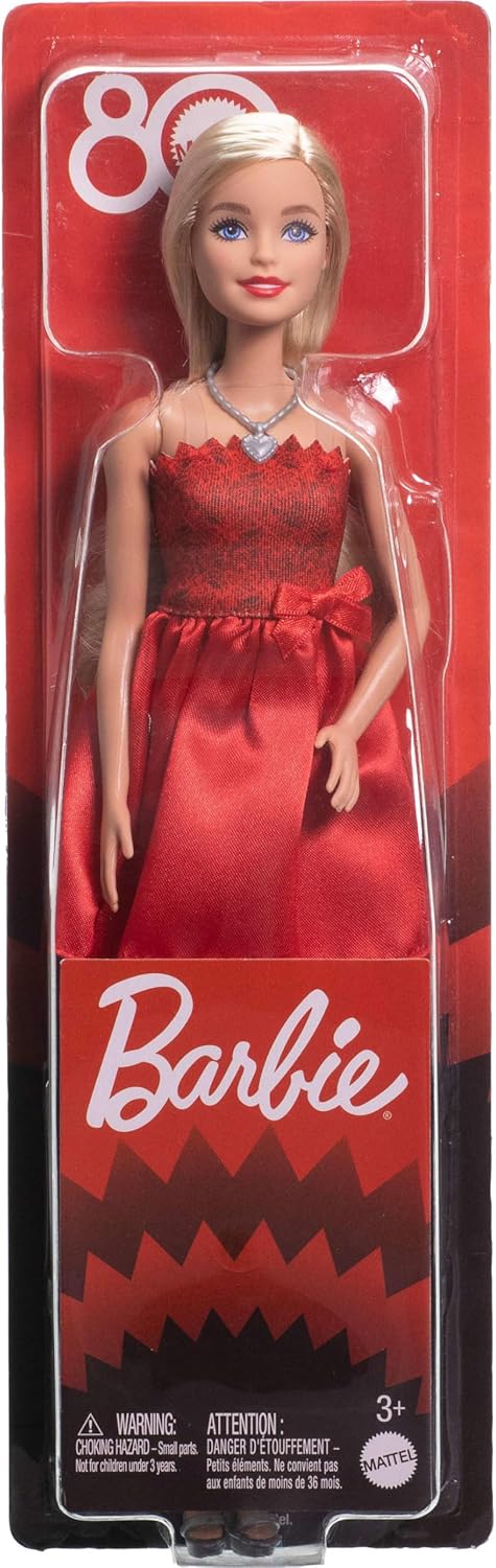 Barbie Mattel 80th Anniversary Ruby-Red Celebration Blonde Fashion Doll Wearing Red Dress with Silvery Shoes & Necklace