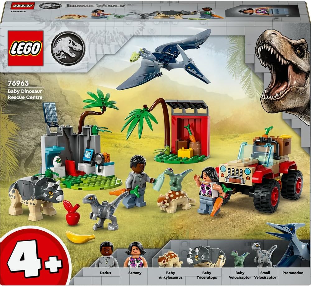 LEGO 76963 Jurassic World Baby Dinosaur Rescue Centre Set for Kids, Mini Triceratops, Ankylosaurus and Velociraptor Figure
