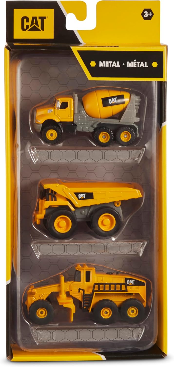 مجموعة من 3 مركبات معدنية مصبوبة من CAT Construction Toys - شاحنة قلابة/خلاطة أسمنت/مجرفة للأعمار من 3 سنوات فما فوق