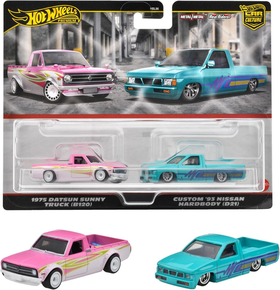 Hot Wheels Premium 2 Pack 1975 Datsun Sunny Truck (B120) / Custom '93 Nissan Hard Body (D21) Vehicle Toy