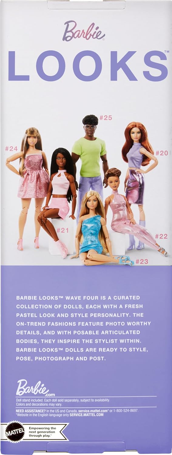 دمية Barbie Looks، رقم 24 القابلة للتجميع، ذات شعر بني وأزياء Y2K الحديثة، فستان وردي لامع بدون حمالات مع كعب مفتوح من الأمام