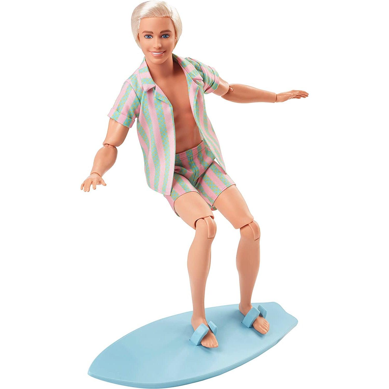 Barbie The Movie Ken Doll Wearing Pastel Pink and Green Striped Beach Matching Set with Surfboard and White Sneakers - BumbleToys - 5-7 Years, Barbie, Boys, Disney Princess, dup-review-publication, Fashion Dolls & Accessories, Girls, Mattel, Pre-Order