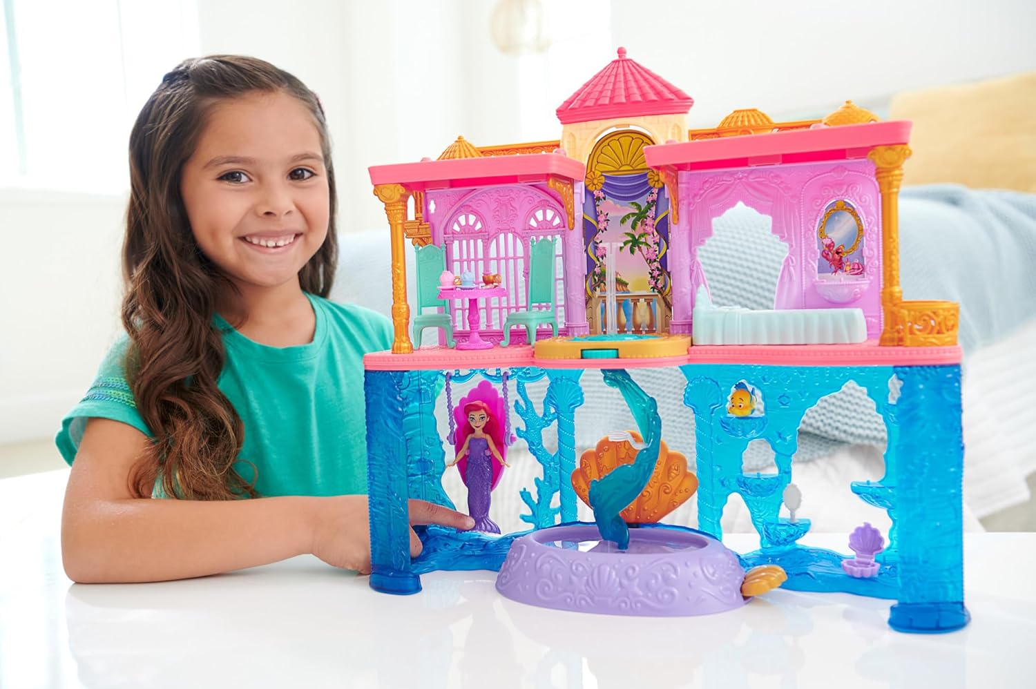 Mattel Disney Princess The Little Mermaid Toys, Ariel Doll House Stackable Castle with Land & Sea Levels, Small Doll, 1 Friend, 12 Pieces, Pool