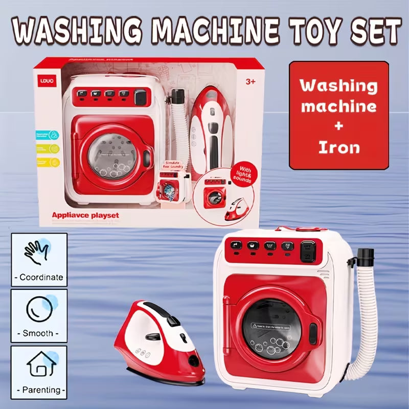 مجموعة لعب الأدوار للغسيل: غسالة ألعاب مع حركة دوران ومحاكاة مكواة بخارية 3+