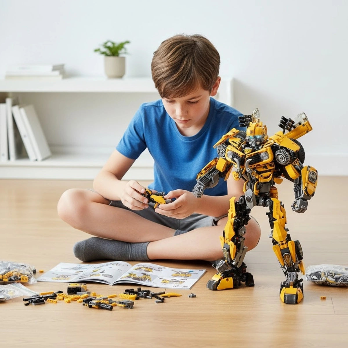Child playing with a yellow robot toy on a wooden floor.