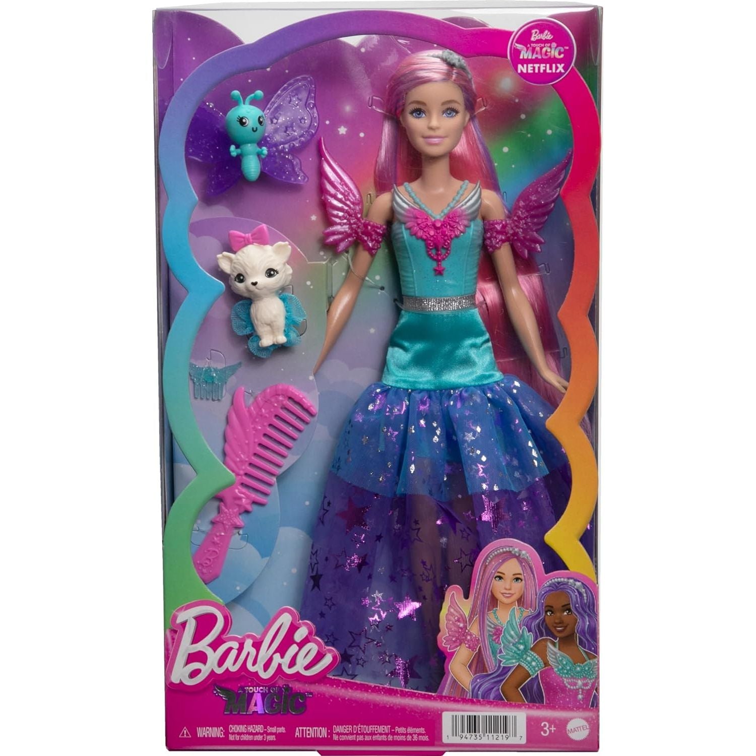 Barbie Doll with Two Fairytale Pets and Fantasy Dress, Barbie “Malibu” Doll from Barbie A Touch of Magic, 7-inch Long Fantasy Hair