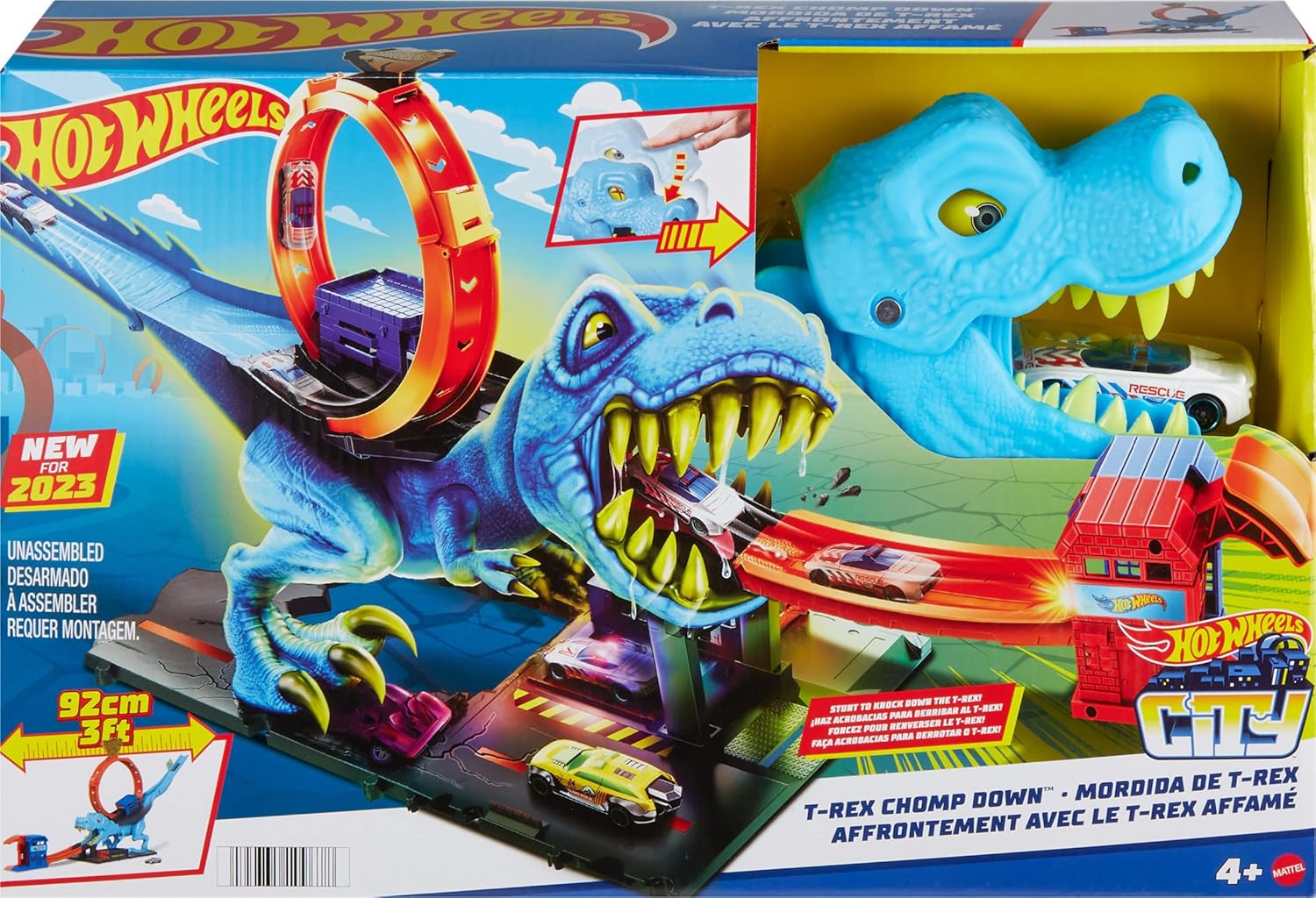 Hot Wheels City Track Set with 1 Toy Car, Race Through A Giant Loop to Defeat A Big Dinosaur, T-Rex Loop Stunt and Race Playset