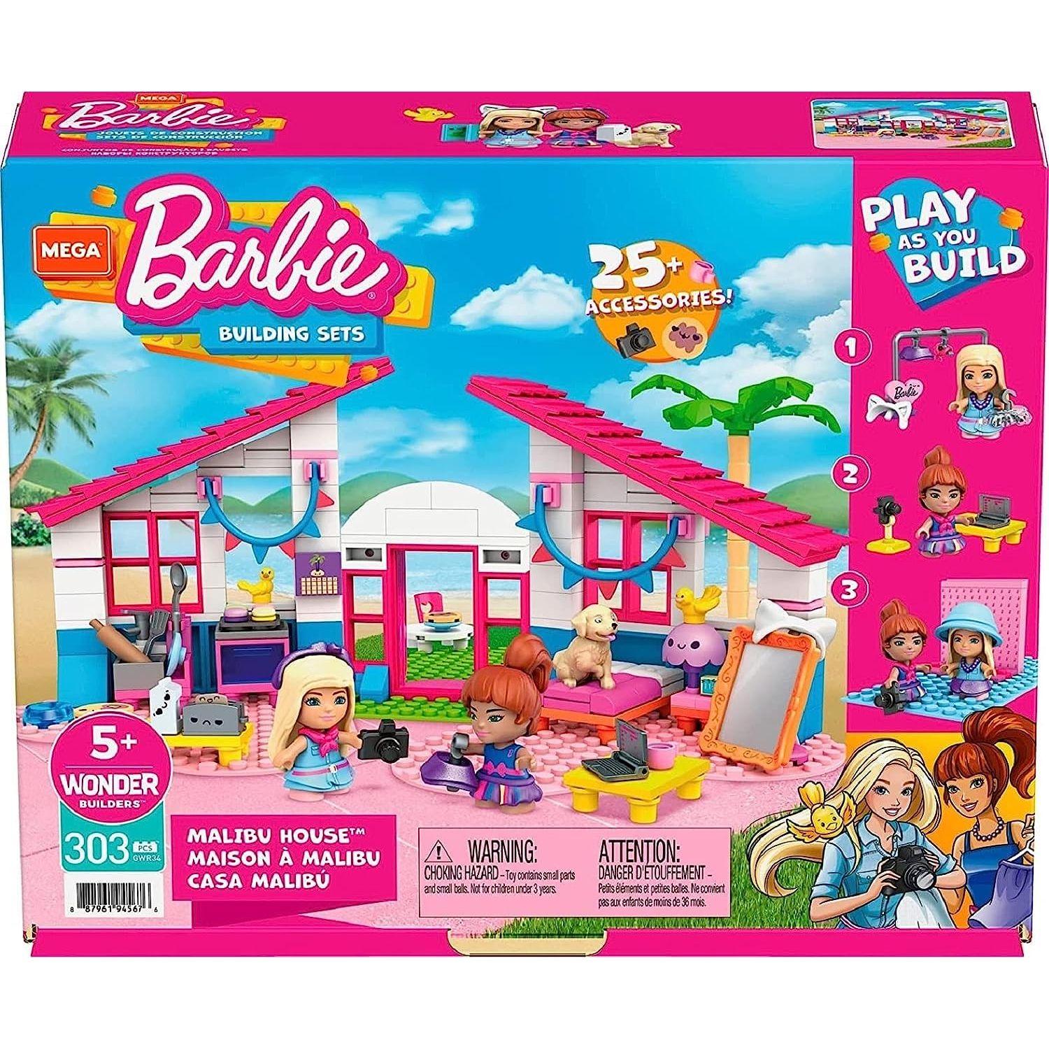 MEGA Barbie Building Toys Playset, Malibu Dream House with 303 Pieces, 2 Micro-Dolls, Accessories and Furniture, 3 Pets