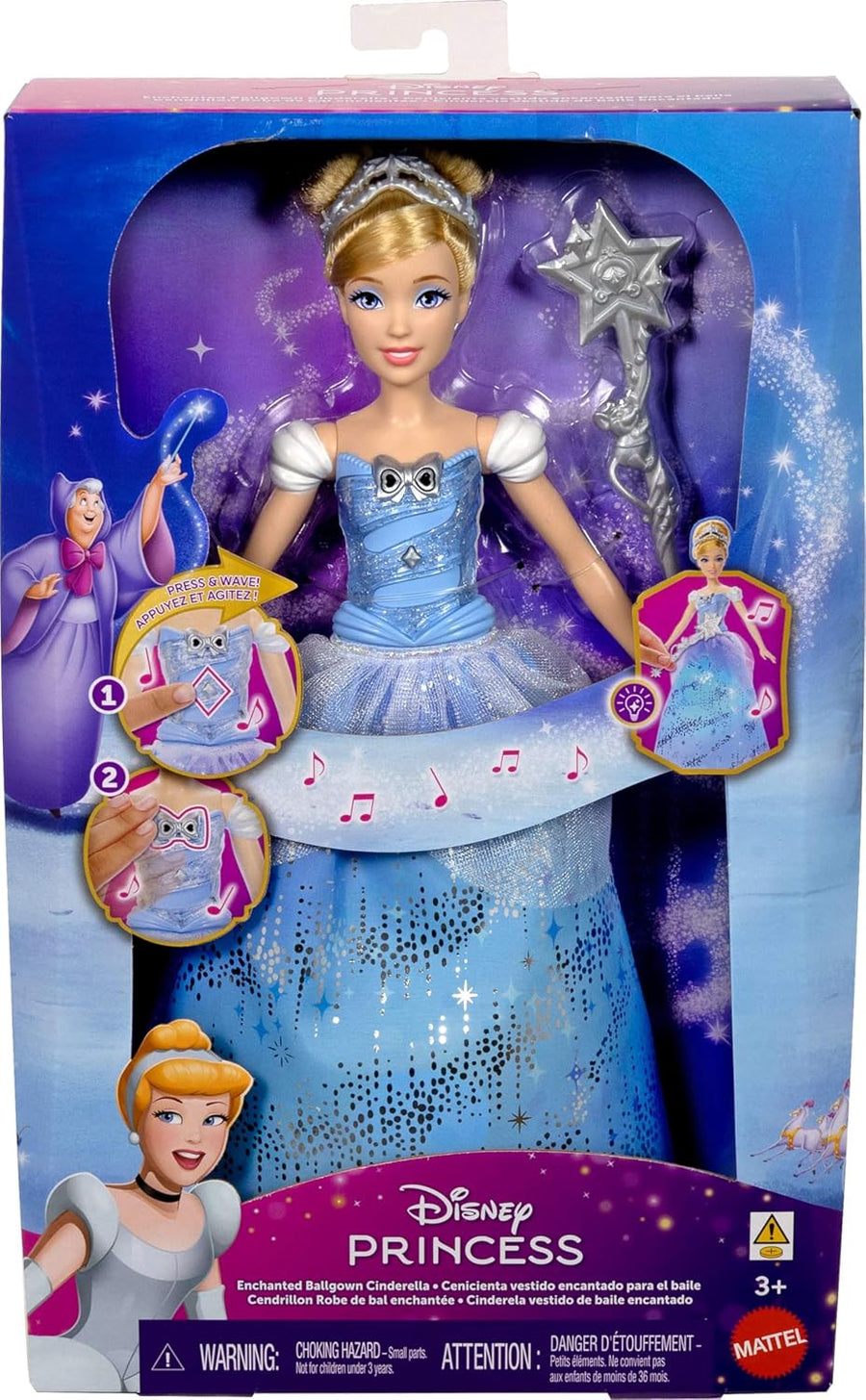 Mattel Disney Princess Cinderella Light-Up Dress Fashion Doll with Sounds & Magic Wand Activation, Enchanted Ballgown Cinderella Inspired by Movie