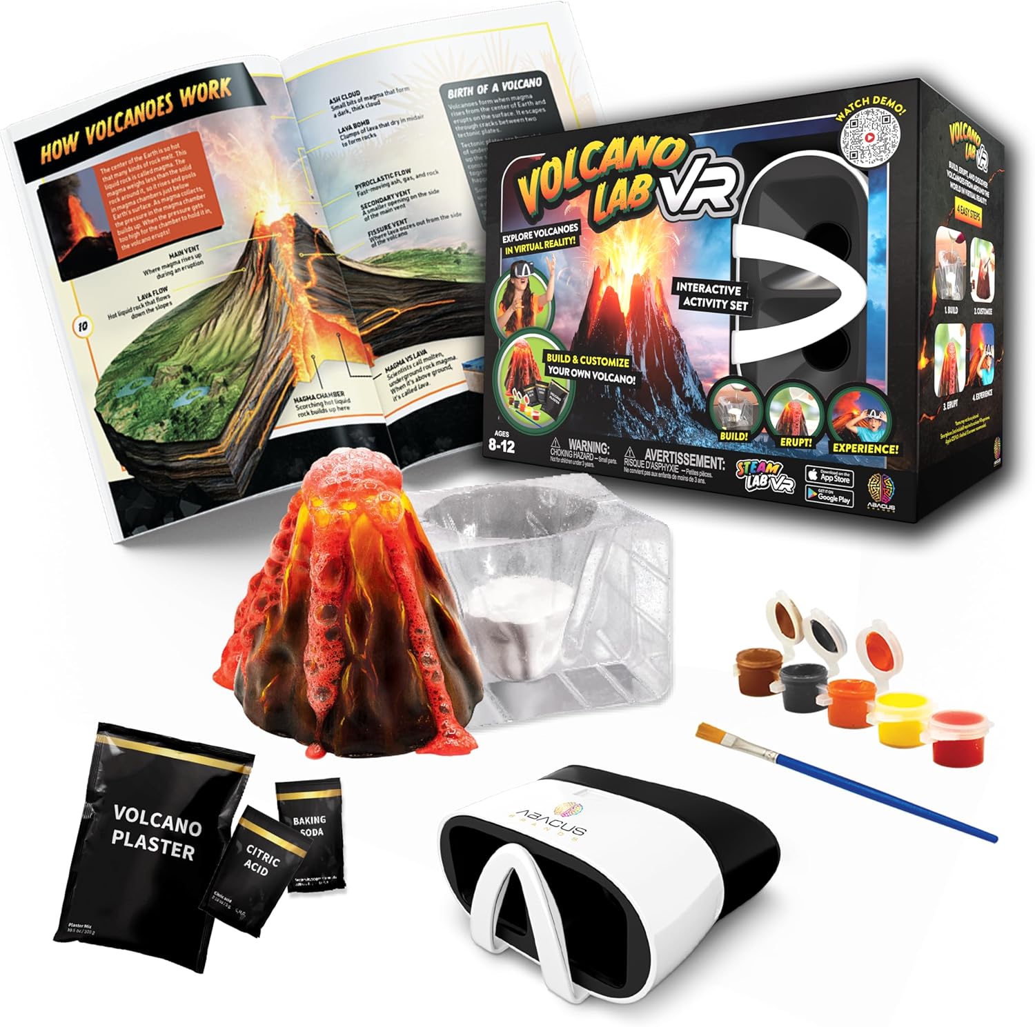 Abacus Brands STEAM Volcano Lab VR - Build and Erupt Your Own Volcano - Virtual Reality Kids Science Kit, Book and Interactive STEAM Learning Activity Set - for Ages 8 and Up