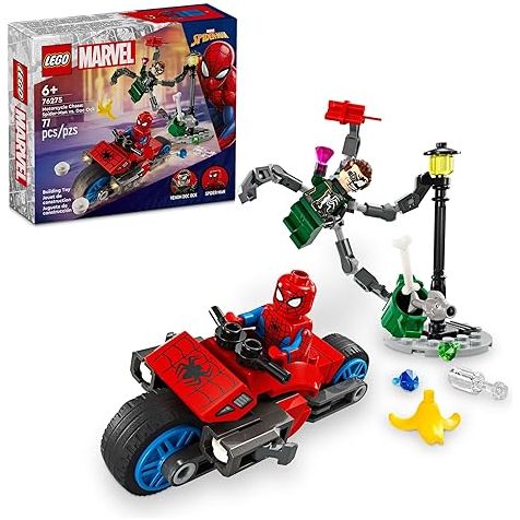 LEGO Marvel 76275 Motorcycle Chase: Spider-Man vs. Doc Ock, Buildable Toy for Kids with Stud Shooters and Web Blasters, 2 Marvel Minifigures, Super Hero Toy, Gift for Boys and Girls Aged 6 and Up
