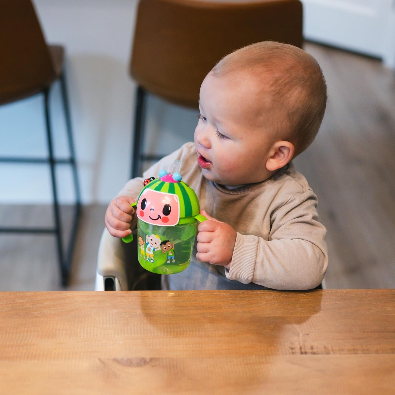 The First Years Cocomelon Weighted Straw Cup - Spill Proof Toddler Straw Cups with Flip Top Cover - Transition Sippy Cups - Toddler Feeding Supplies - 7 Oz - Ages 6 Months and Up