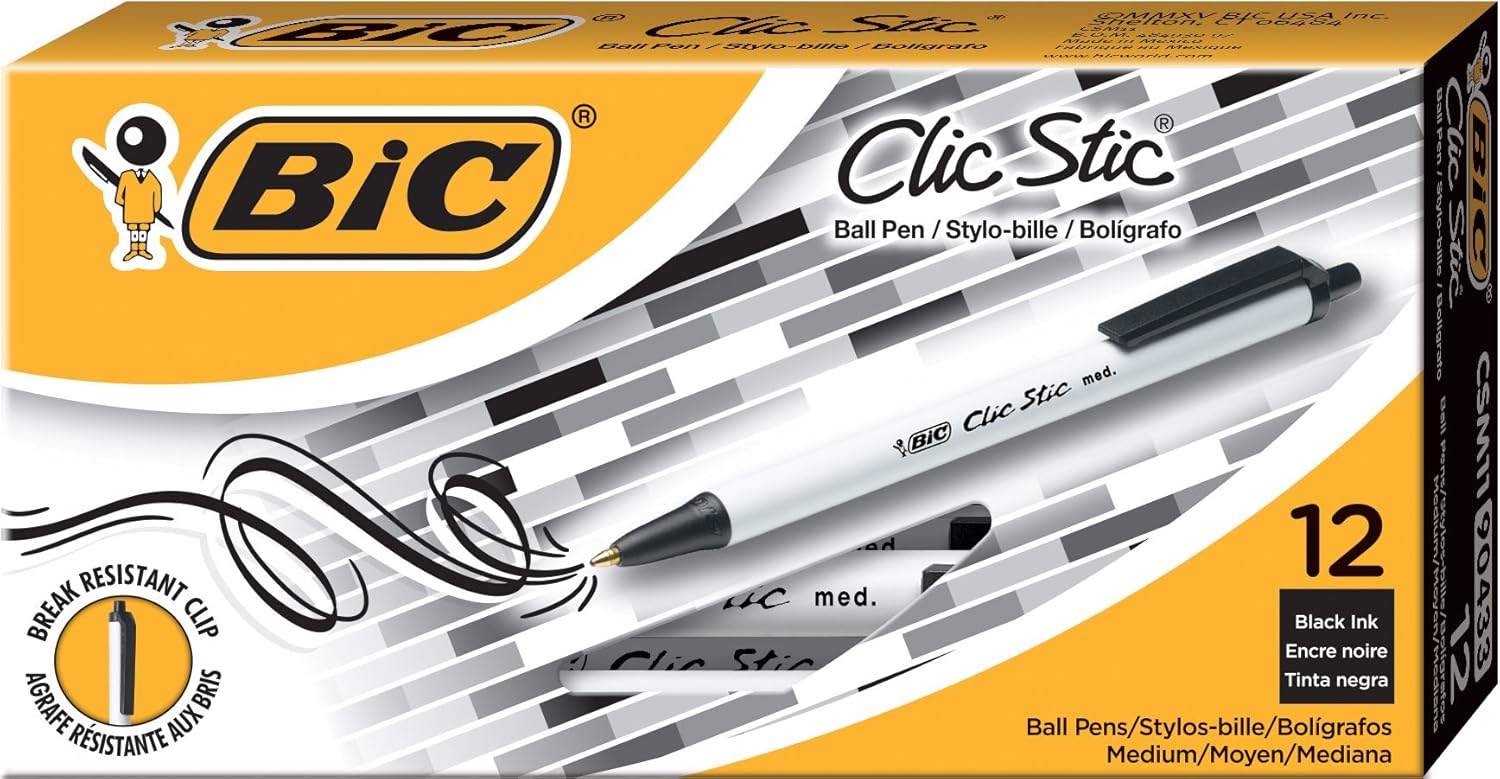 BIC Clic Stic Retractable Ballpoint Pens, Medium Point (1.0mm), 12-Count Pack, Black Round Barrel Design for Comfortable Writing