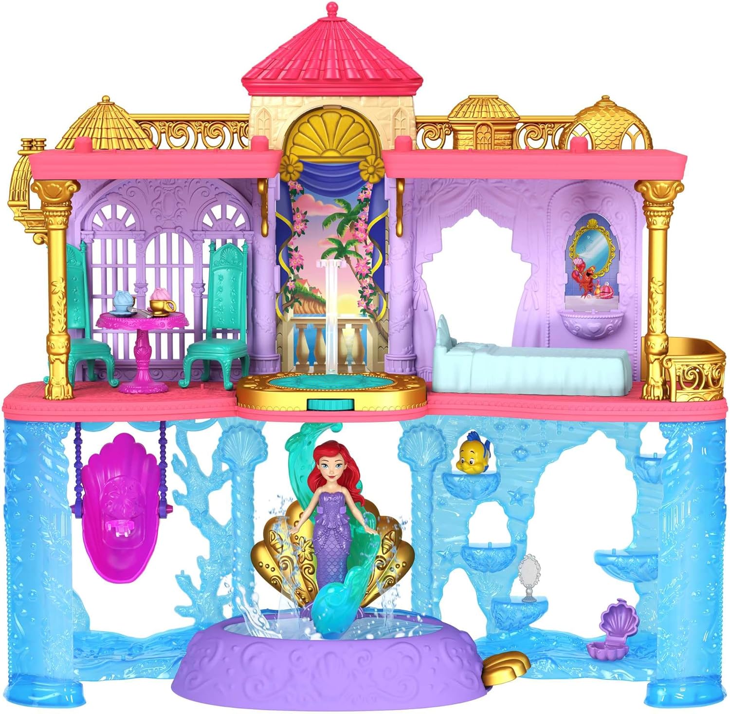 Mattel Disney Princess The Little Mermaid Toys, Ariel Doll House Stackable Castle with Land & Sea Levels, Small Doll, 1 Friend, 12 Pieces, Pool