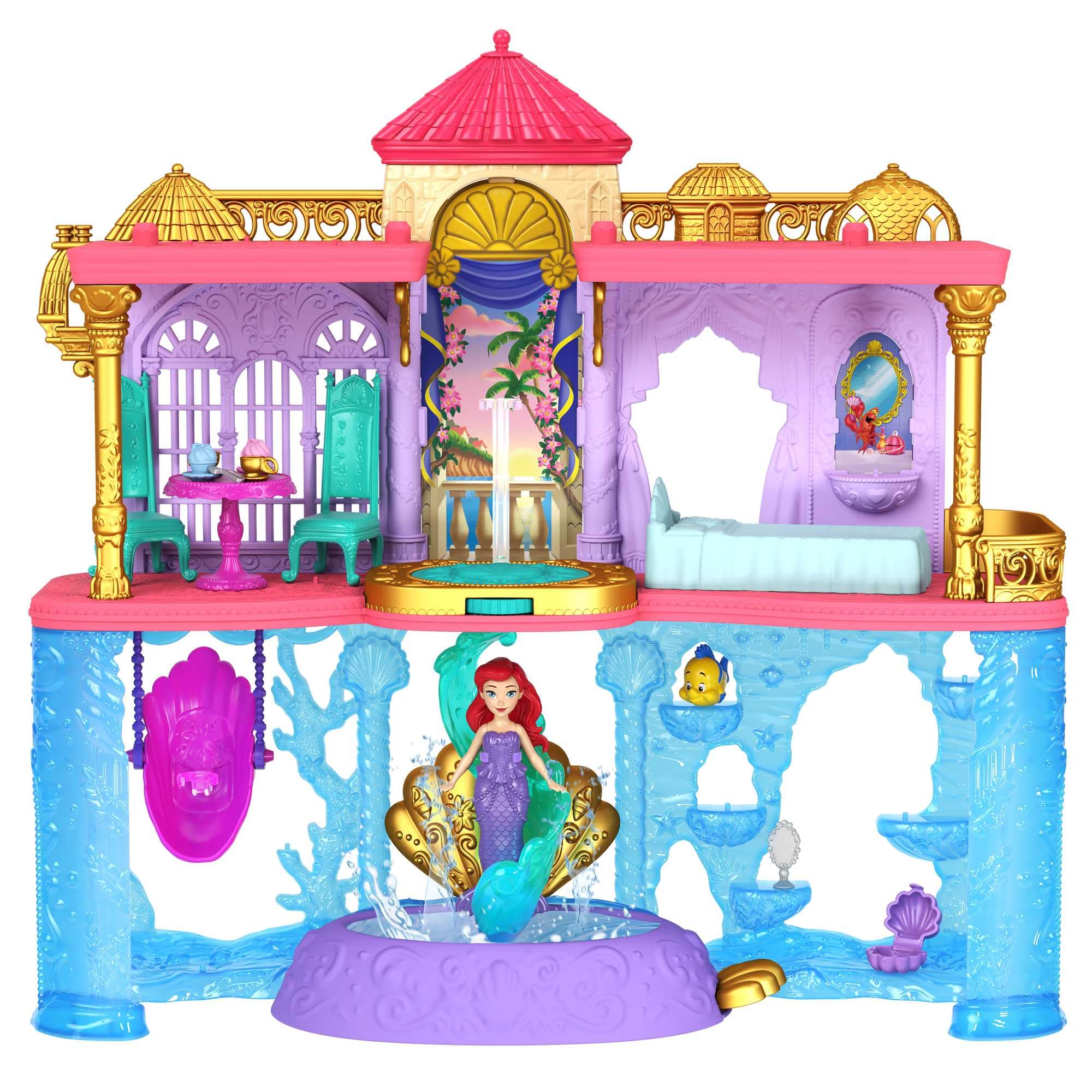 Mattel Disney Princess The Little Mermaid Toys, Ariel Doll House Stackable Castle with Land & Sea Levels, Small Doll, 1 Friend, 12 Pieces, Pool