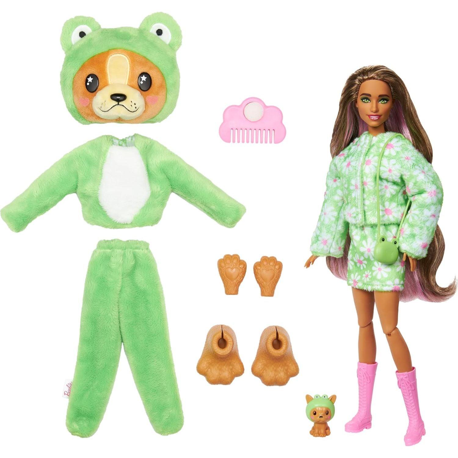 Barbie Cutie Reveal Doll & Accessories with Animal Plush Costume & 10 Surprises Including Color Change, Puppy as Frog in Costume-Themed Series