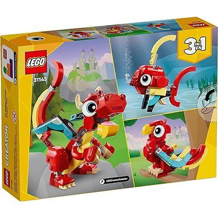LEGO Creator 3 in 1 Red Dragon Toy 31145, Transforms from Dragon Toy to Fish Toy to Phoenix Toy, Gift Idea for Boys and Girls Ages 6 and Up, Animal Toy Set for Kids