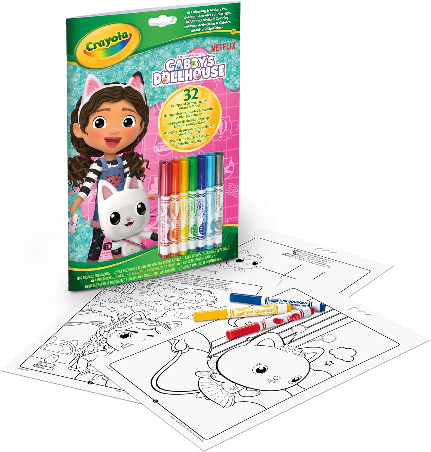 Crayola Gabby's Dollhouse Activity & Coloring Album, 32 Colouring Pages and 7 Mini Washable Markers