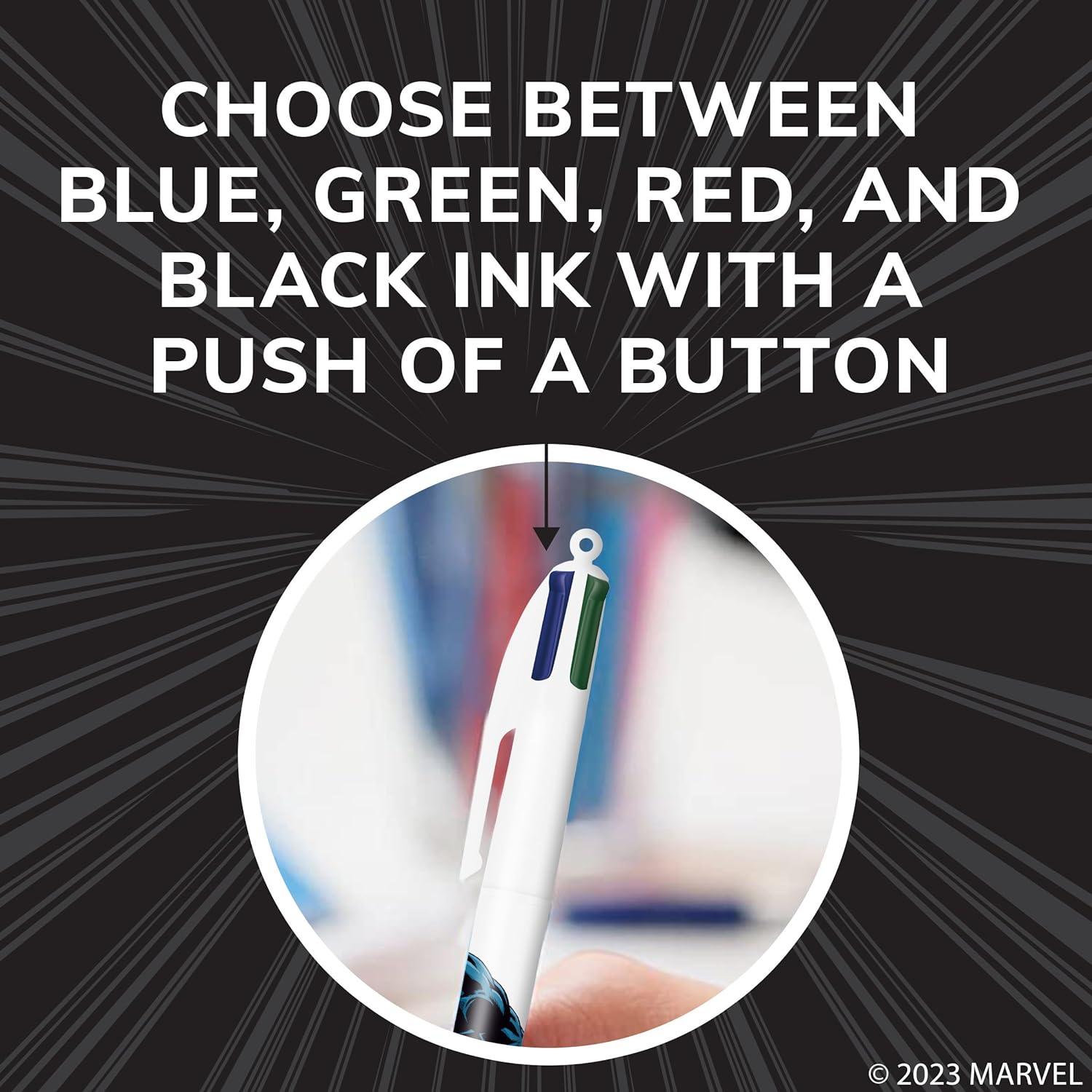 أقلام حبر جاف قابلة للسحب من BIC Marvel's Avengers Edition، 4 ألوان، رأس متوسط (1.0 مم)، عبوة من 3 قطع، قلم حبر جاف قابل للسحب مع حبر يدوم طويلاً