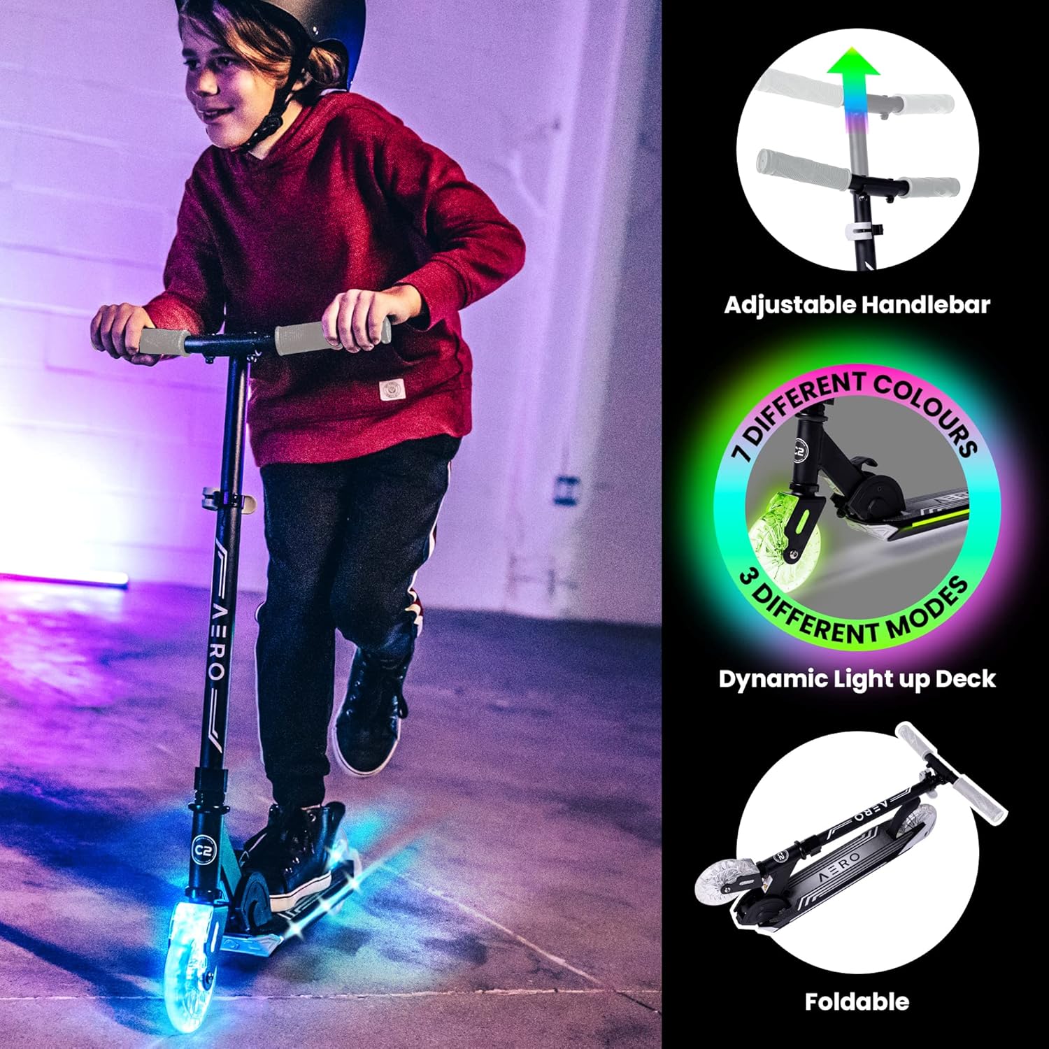 AERO C2 Two Wheels Scooter with dynamic lights wheels and an Aero deck - Black