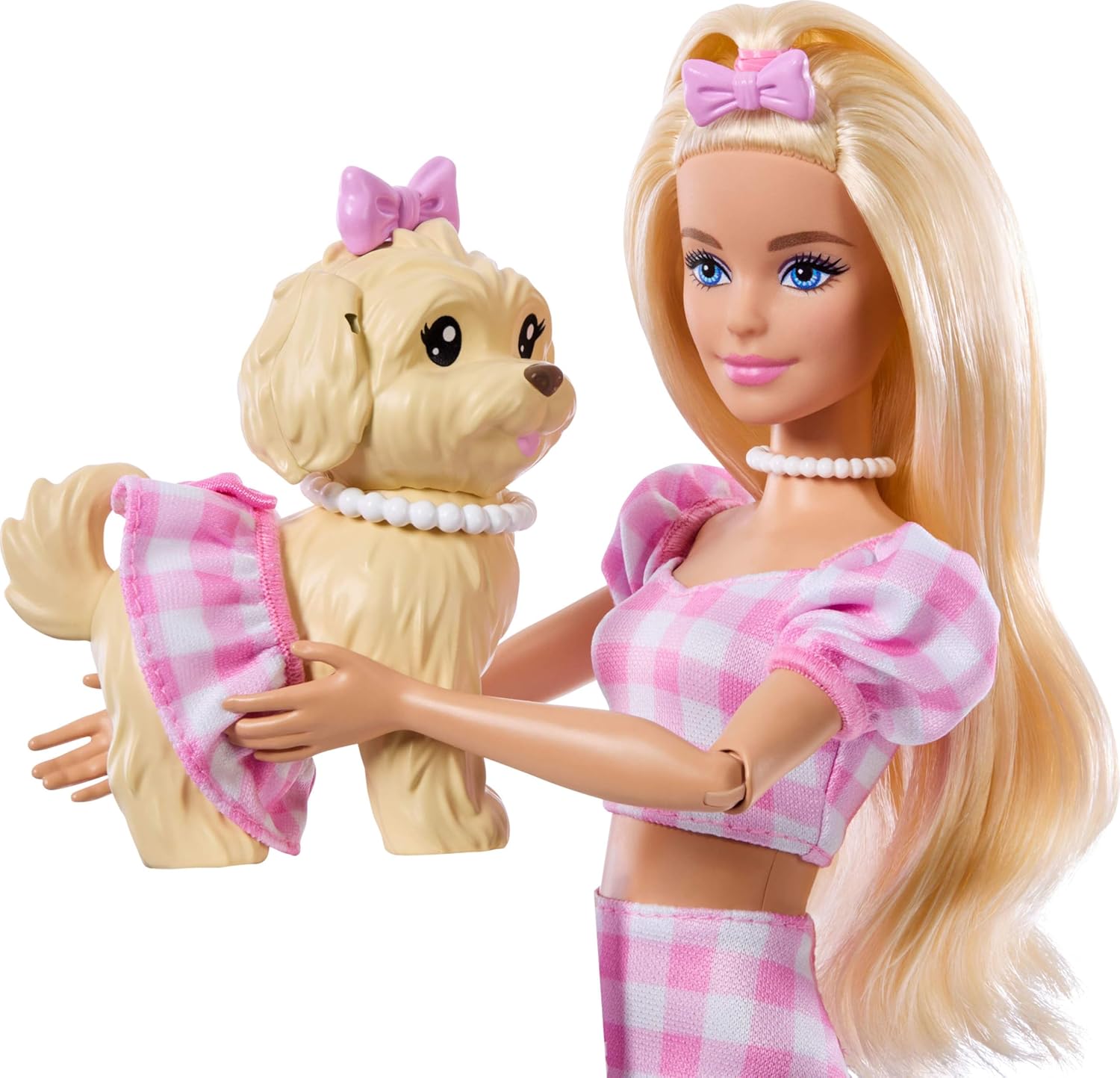 Barbie Twinning Looks Doll with Pet Dog in Matching Pink Gingham Clothes and Accessories for Both Like Sunglasses, Necklaces and Bows, Blonde