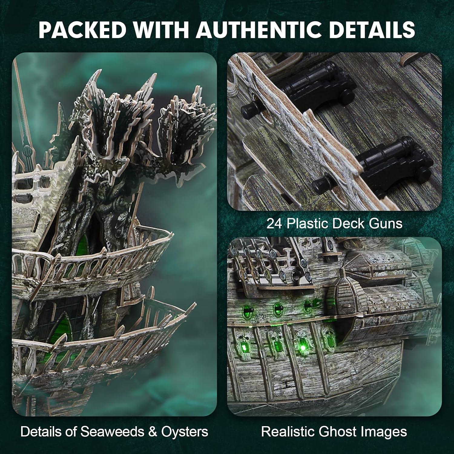 3D Green LED Flying Dutchman Pirate Ship Puzzle - 360 Pieces Haunted Ghost Ship Model Kit and Desk Decor
