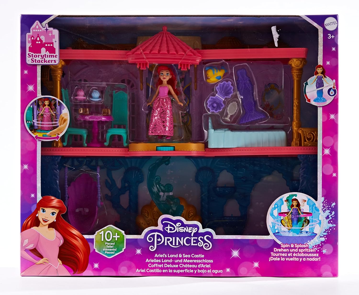 Mattel Disney Princess The Little Mermaid Toys, Ariel Doll House Stackable Castle with Land & Sea Levels, Small Doll, 1 Friend, 12 Pieces, Pool