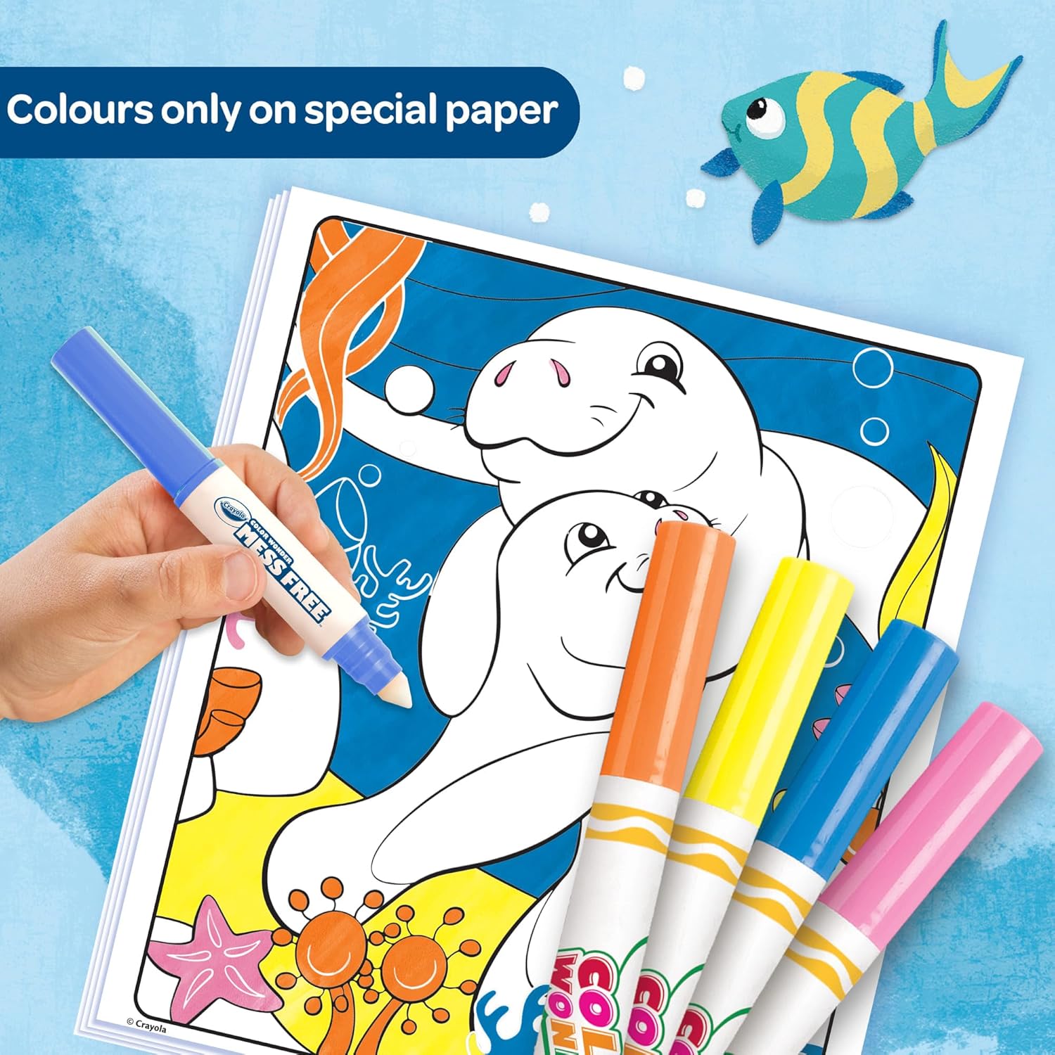 Crayola Color Wonder, 18 coloring pages and 4 stain-free markers, subject Sea friends