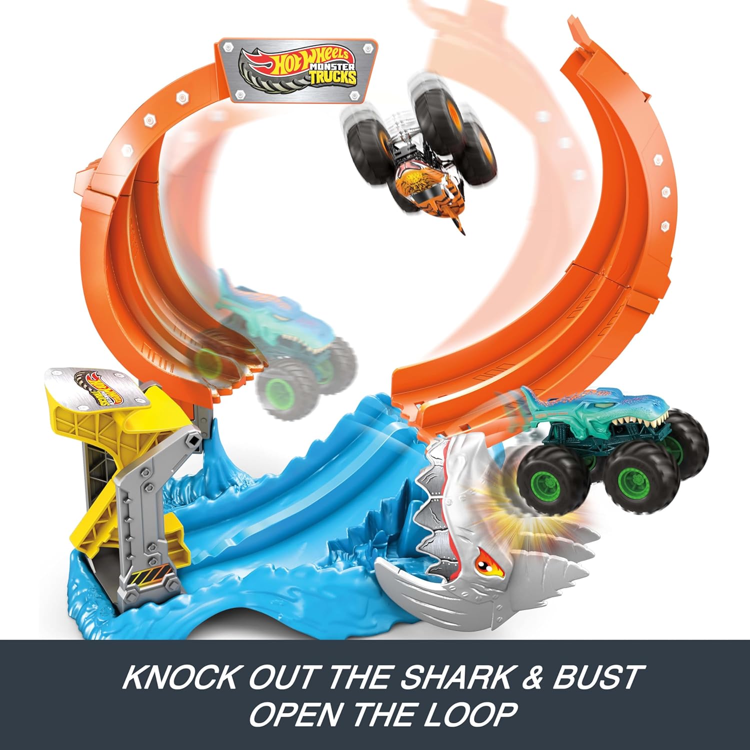 Hot Wheels Toy Monster Trucks Track Set, Corkscrew Shark Smash Playset & 1:64 Scale Mega-Wrex Vehicle, Launch through Loop to Defeat Nemesis