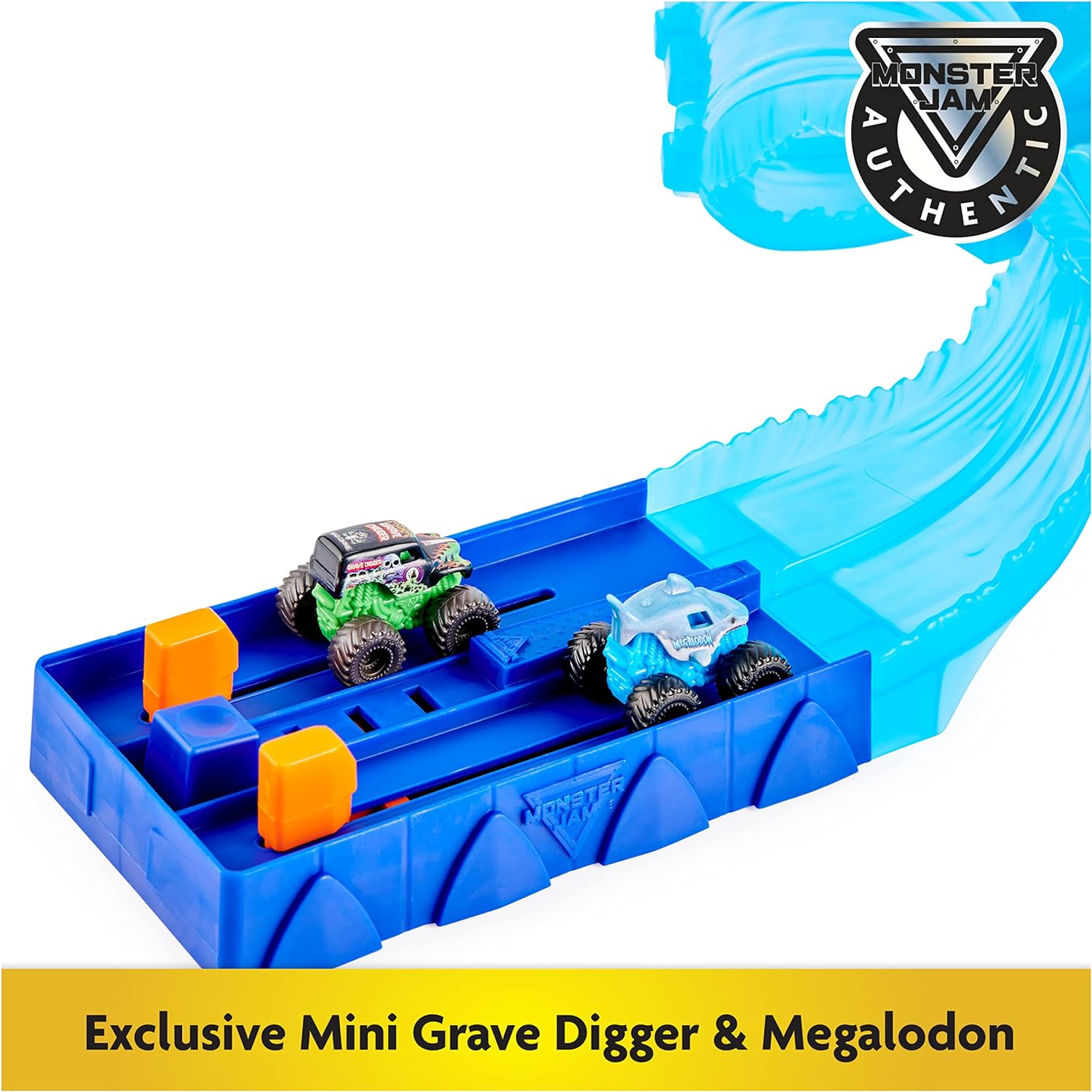 Spin Master Monster Jam, Mini Megalodon Race and Chomp Playset with 2 Monster Jam Mini Trucks, 1;87 Scale