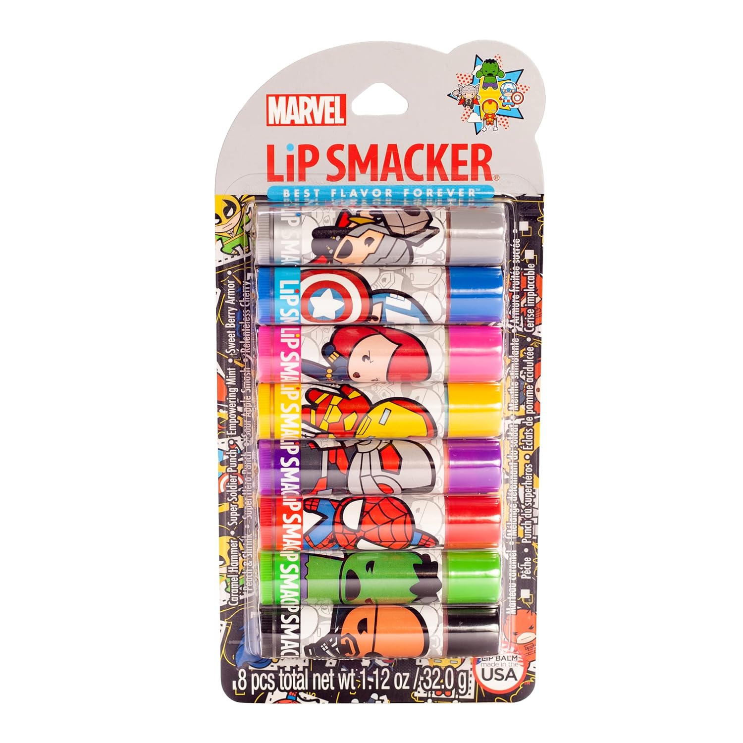 Lip Smacker Marvel Avenger Flavored Lip Balm Party Pack 8 Count, Super Hero, Spirderman, Iron Man, Captain America, Clear, For Kids