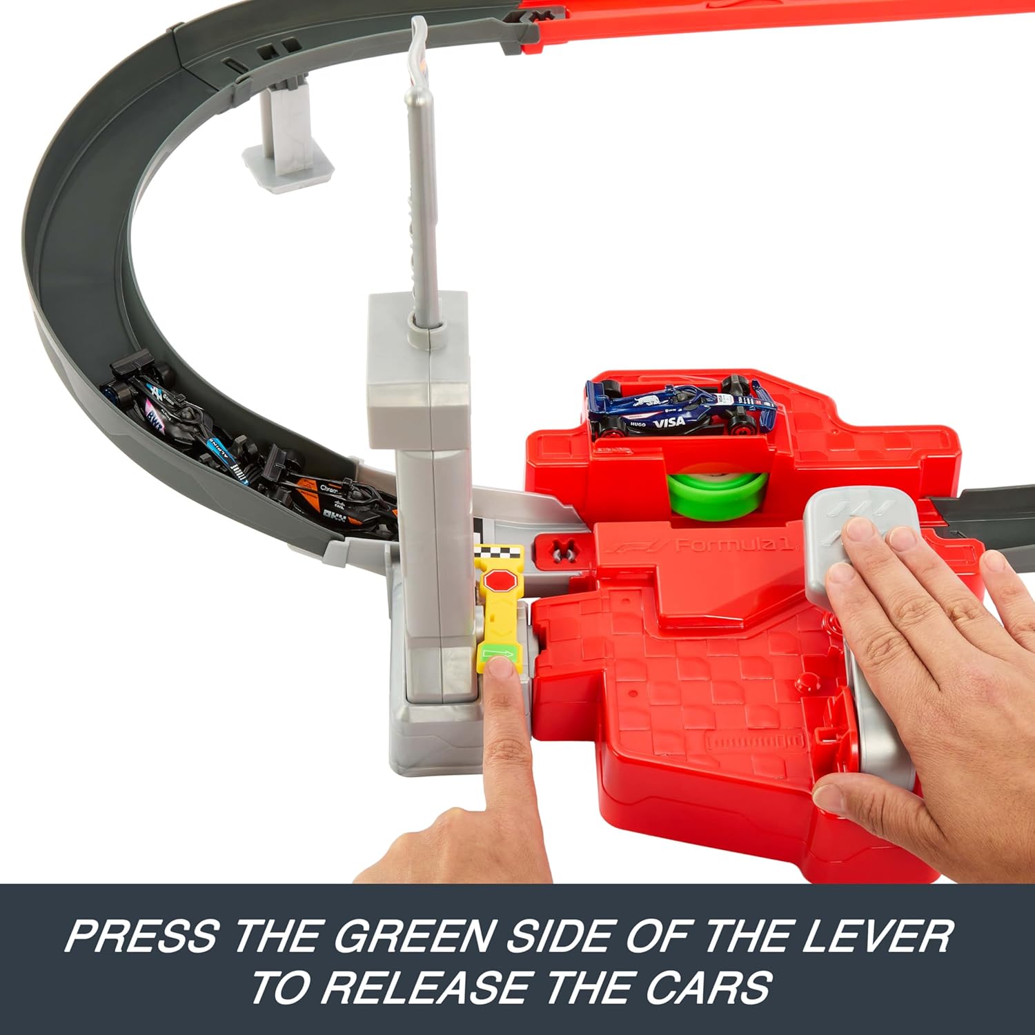 Hot Wheels Toy Car Track Set,  Diecast Formula 1 Vehicles McLaren F1 Team, 1:64 Scale Alpine, and VCARB, Sprint Race Circuit