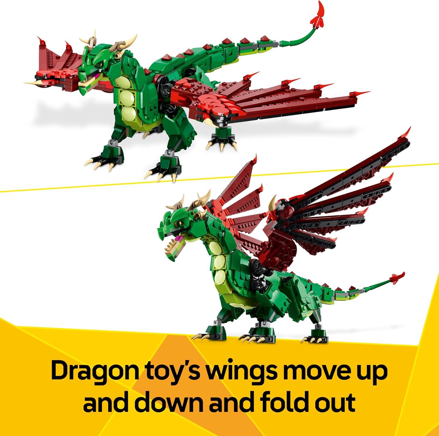 LEGO 31161 Creator 3 in 1 Medieval Dragon Toy - Building Toy with 3 Build Options, Dragon, Sea Serpent, or Phoenix - Fantasy Set for Kids, Boys and Girls, Ages 9+ - Gift Idea for Birthdays