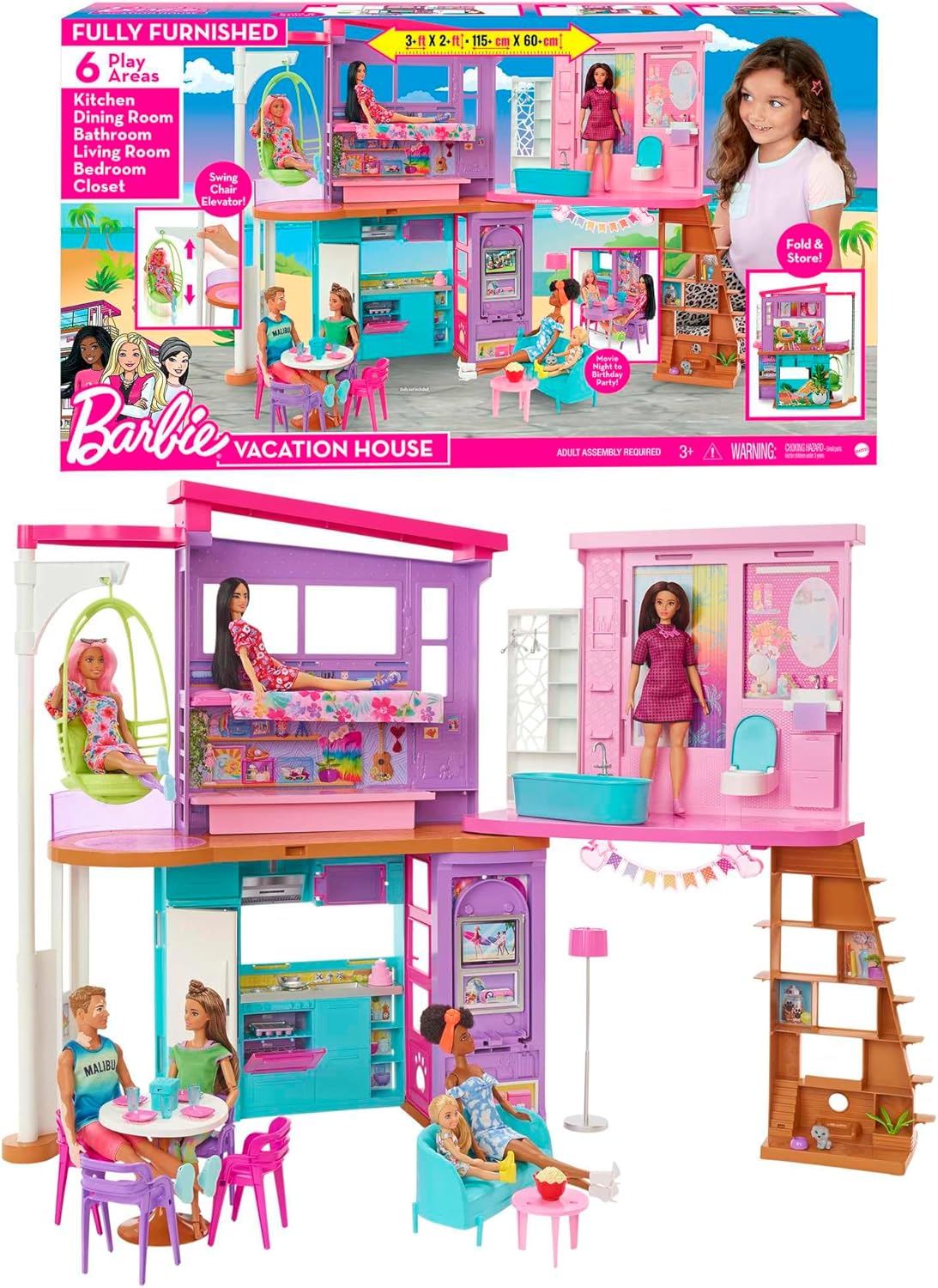 Barbie Vacation House, 2-Storey Fully-Furnished Barbie House with 6 Play Areas, Swing Chair Elevator, 30 Accessories, Fold and Store, Toys for Ages 3 and Up
