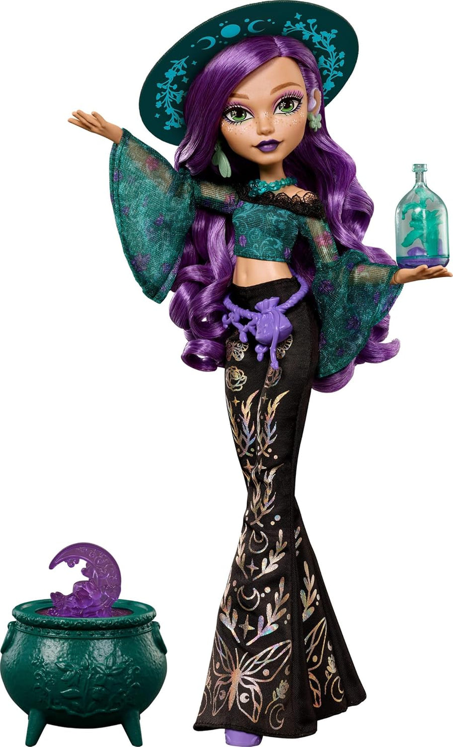 Monster High Doll, Moonspell Magic Willow Thorne Nature Witch in Green Top and Printed Pants with Cauldron Surprise & Accessories like Herb Jar, Hat & Spellbook