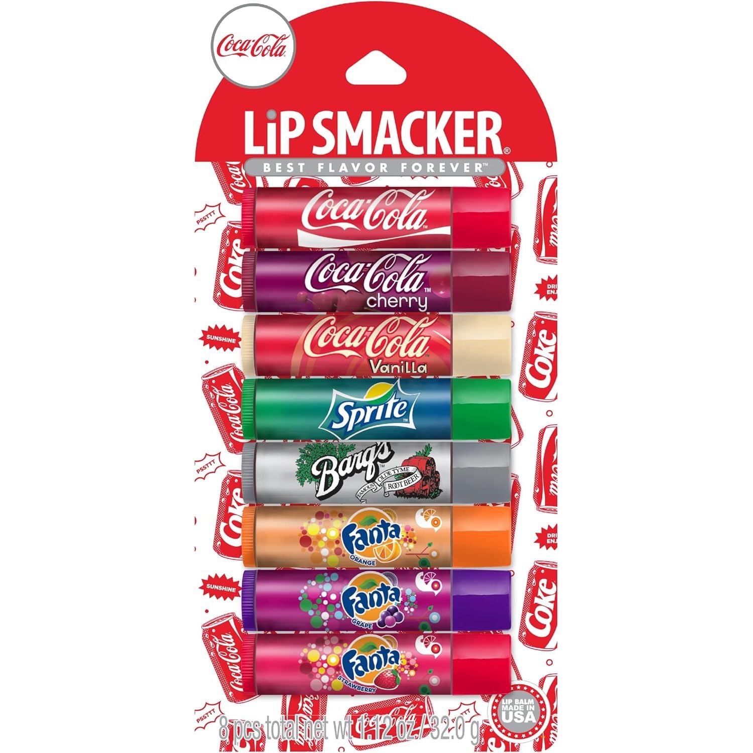 Lip Smacker Coca-Cola Flavored Balm, 8 Count, Flavors Coke, Cherry Vanilla Sprite, Root Beer, Orange Fanta, Grape Strawberry Fanta