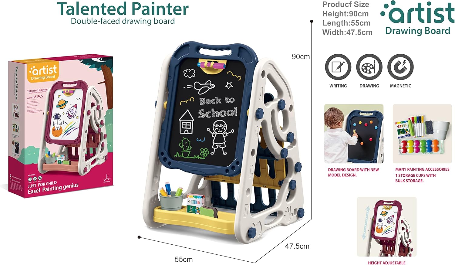 TTC Pre-school Generic Artist Drawing Board Magnetic Double Sided, 35 pcs with White Bookshelf