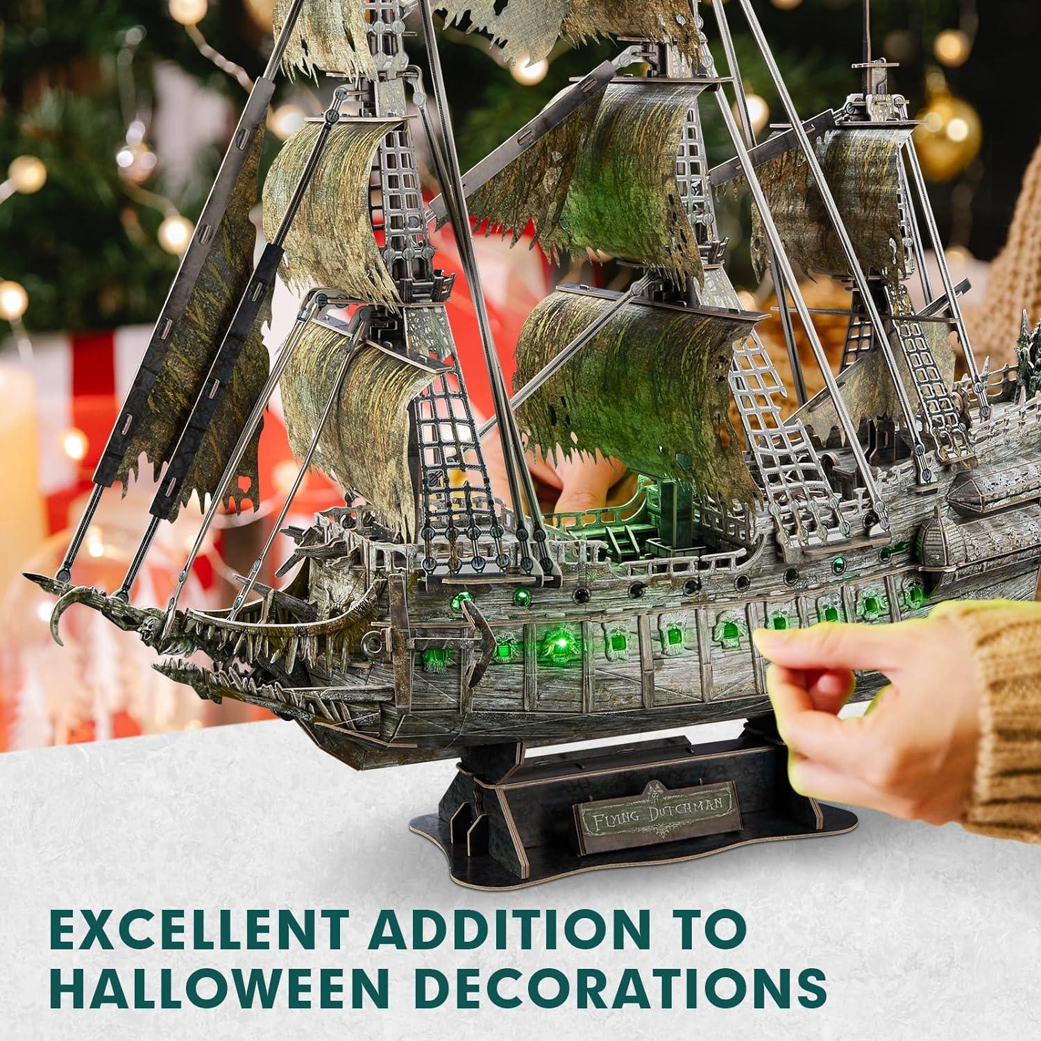 3D Green LED Flying Dutchman Pirate Ship Puzzle - 360 Pieces Haunted Ghost Ship Model Kit and Desk Decor